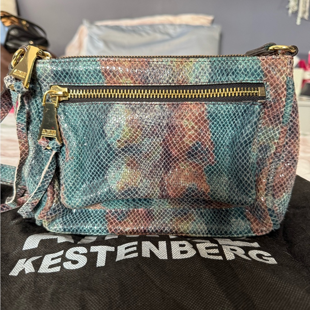 Aimee Kestenberg Blue and Pink Crossbody Bag with Gold Hardware